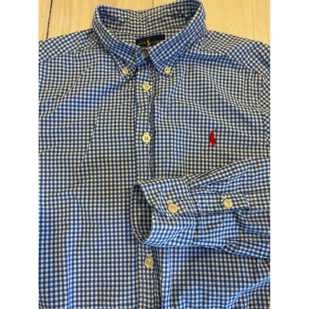 Ralph Lauren Kids Blue White Gingham Button Down Shirt Size M 10-12 Preppy